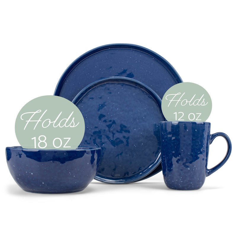 Elanze Designs Shiny Speckled Ceramic Dinnerware 16 Piece Set - Service for 4, Blue