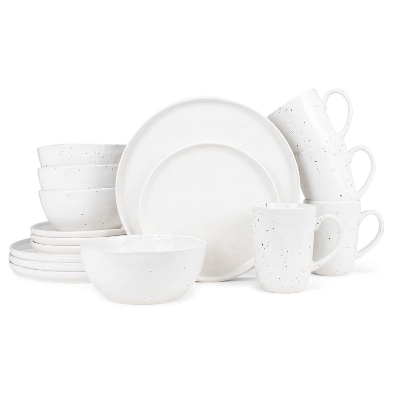 Elanze Designs Shiny Speckled Ceramic Dinnerware 16 Piece Set - Service for 4, White
