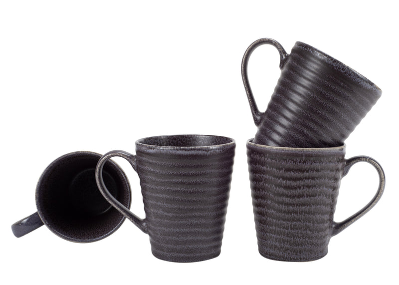 Modern Chic Ribbed Ceramic Stoneware Dinnerware Mugs Set of 4 - Charcoal Grey