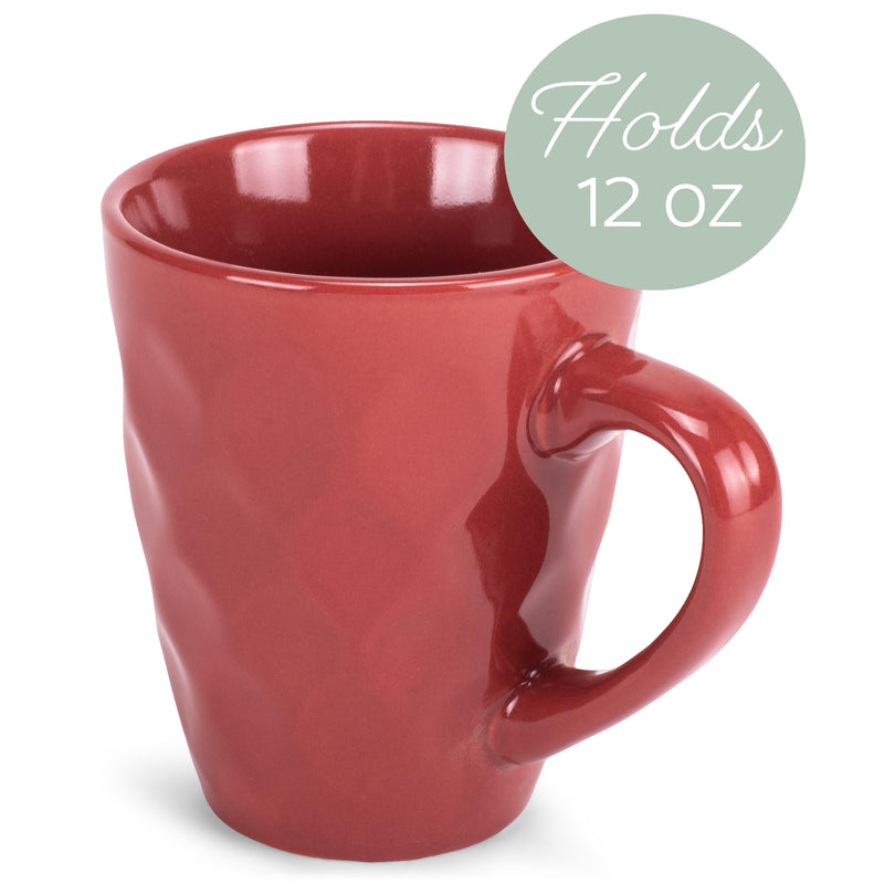 Red 12 Ounce Dimpled Glossy Ceramic Set of 4 Mug Set