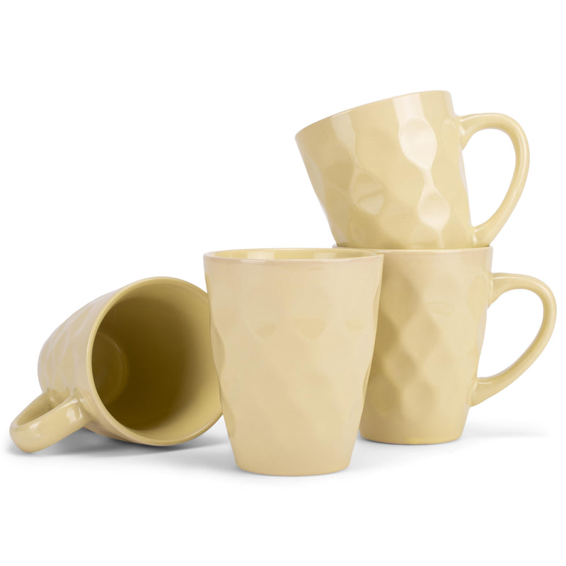 Pastel Yellow 12 Ounce Dimpled Glossy Ceramic Set of 4 Mug Set