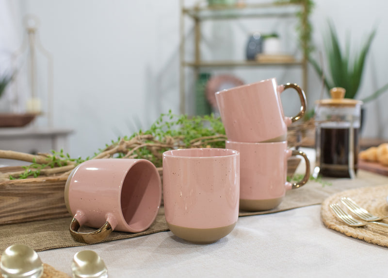 Elanze Designs Speckled 16 ounce Ceramic Mugs With Metallic Handle Set of 4, Pink