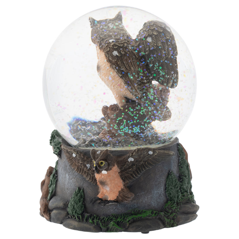 Red Bellied Eagle Owls 100MM Musical Snow Globe Plays Tune Wonderful World
