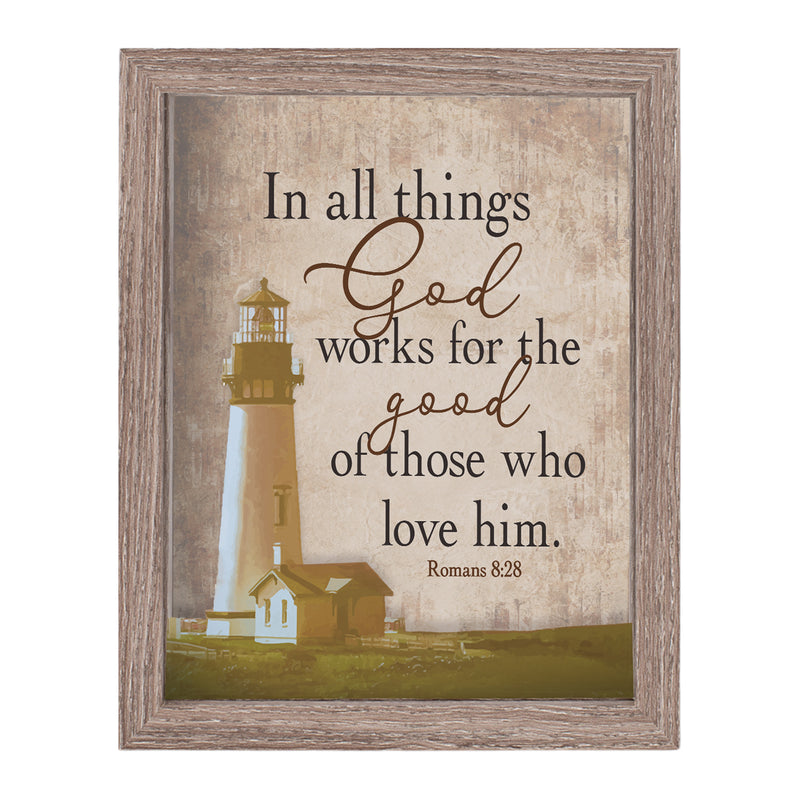 Works For Good Love Him White Lighthouse 8 x 10 Wood Grain Framed Wall Tabletop Sign
