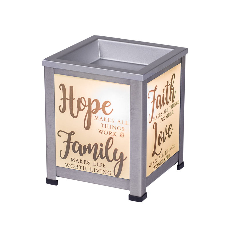 Hope Family Faith Silver Tone Metal Electrical Wax Tart and Oil Glass Lantern Warmer