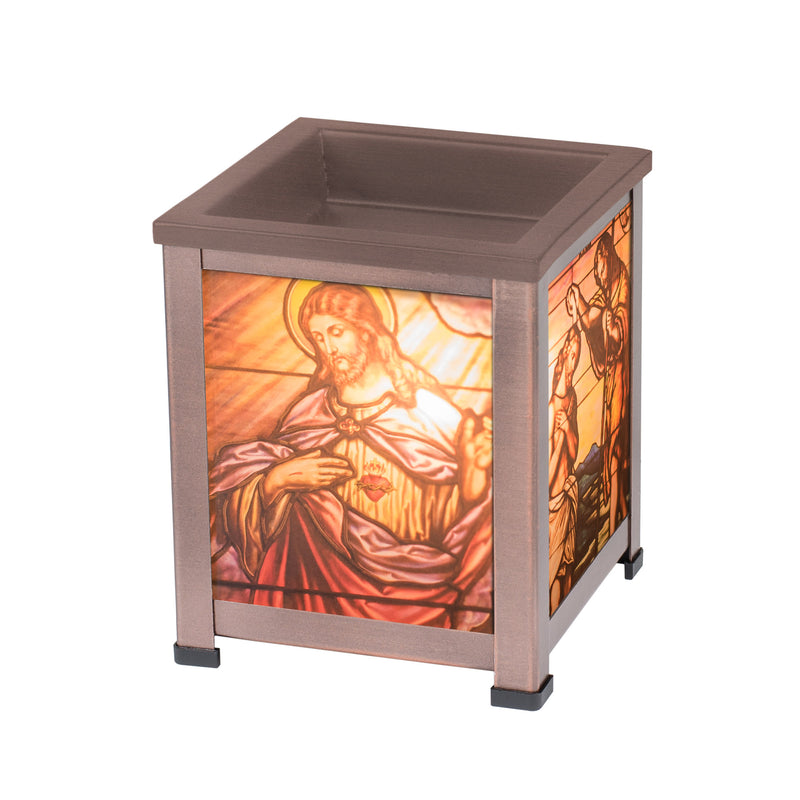 Christ Sacred Heart Copper Tone Metal Electrical Wax Tart and Oil Glass Lantern Warmer