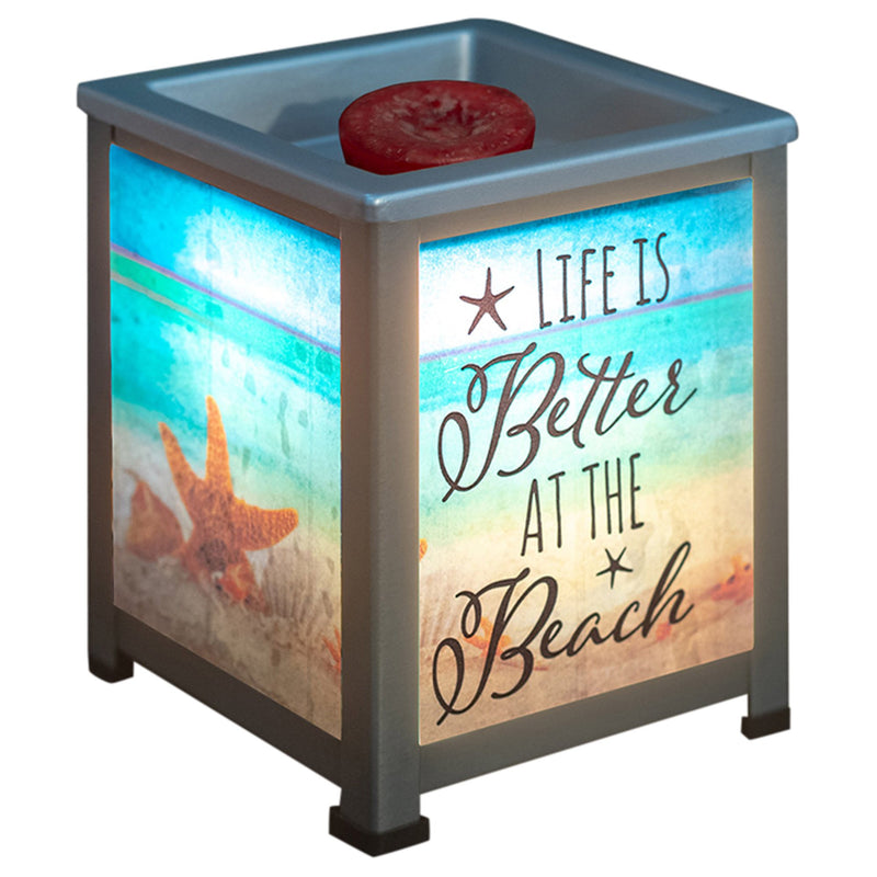 Glass Lantern Warmer with sentiment, "Life is better at the beach"