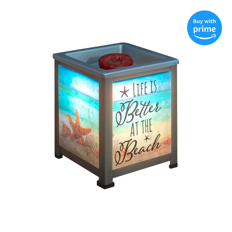 Life Better at Beach Seashore Silvertone Metal Electrical Wax Tart & Oil Glass Lantern Warmer