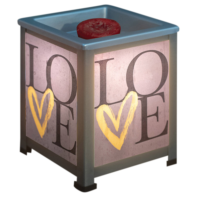 Love Brushstroke Heart Wood Look Silvertone Metal Electrical Wax Tart & Oil Glass Lantern Warmer