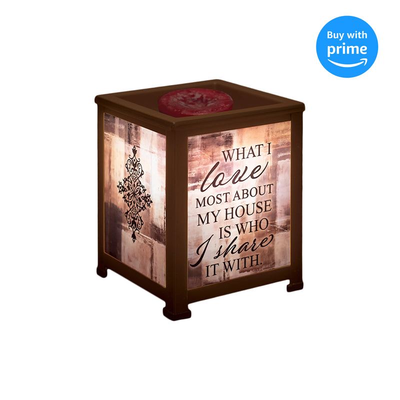 Love Most About House Share It Copper Tone Metal Electrical Wax Tart & Oil Glass Lantern Warmer