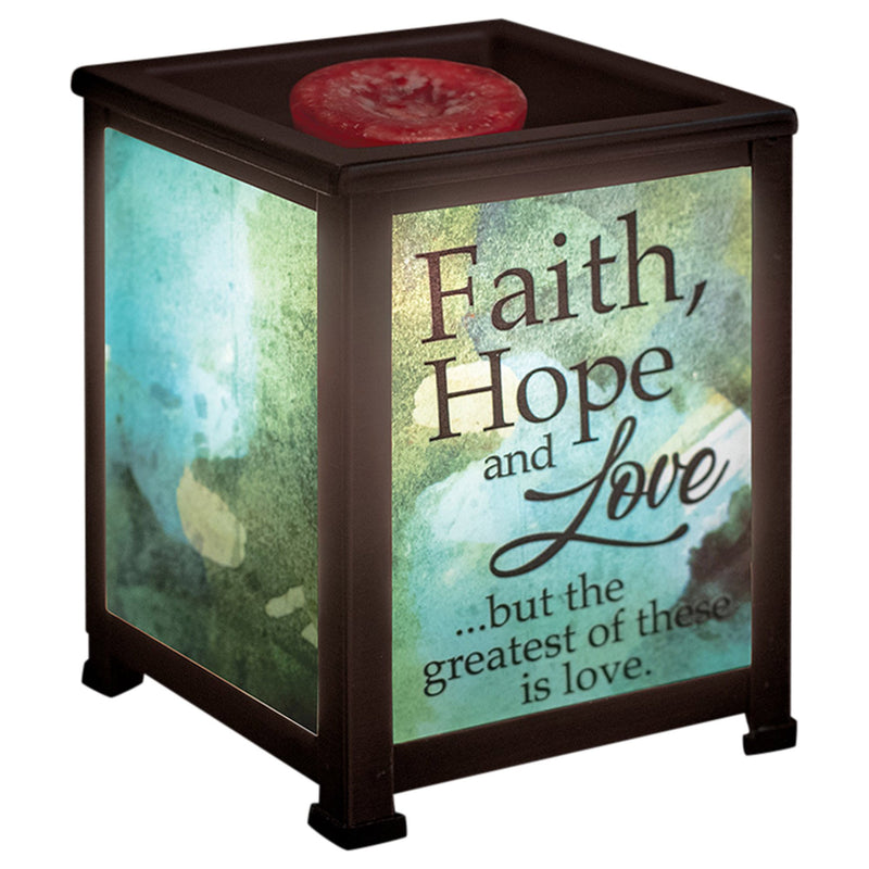 Faith Hope Love Inspirational Black Metal Electrical Wax Tart & Oil Glass Lantern Warmer