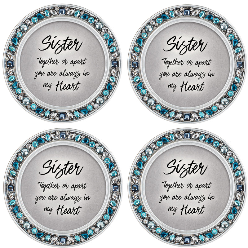 Sister You are Always in My Heart 4.5 Inch Teal Jeweled Coaster Set of 4