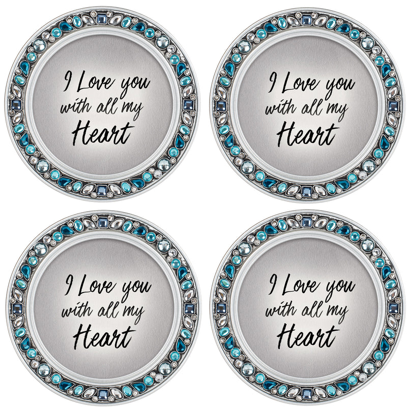 I Love You With All My Heart 4.5 Inch Teal Jeweled Coaster Set of 4