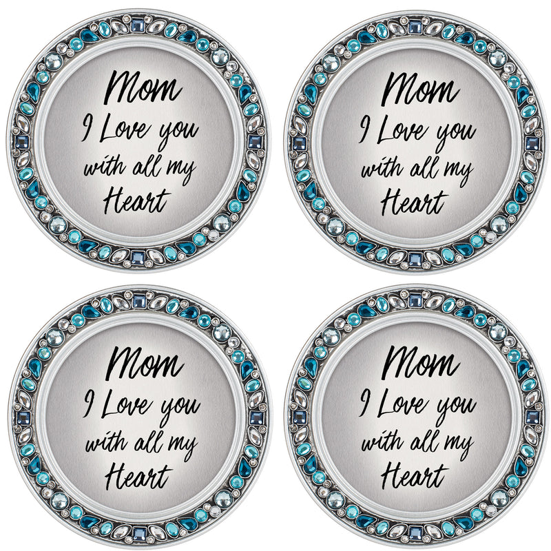 Mom I Love You With All My Heart 4.5 Inch Teal Jeweled Coaster Set of 4