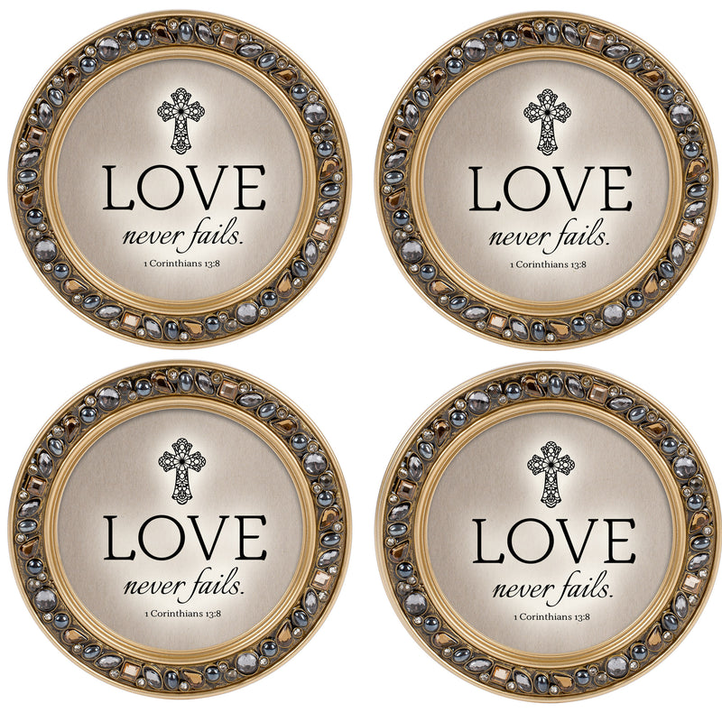 Love Never Fails Amber Gold 4.5 x 4.5  Resin Polymer Jeweled Coaster Set of 4