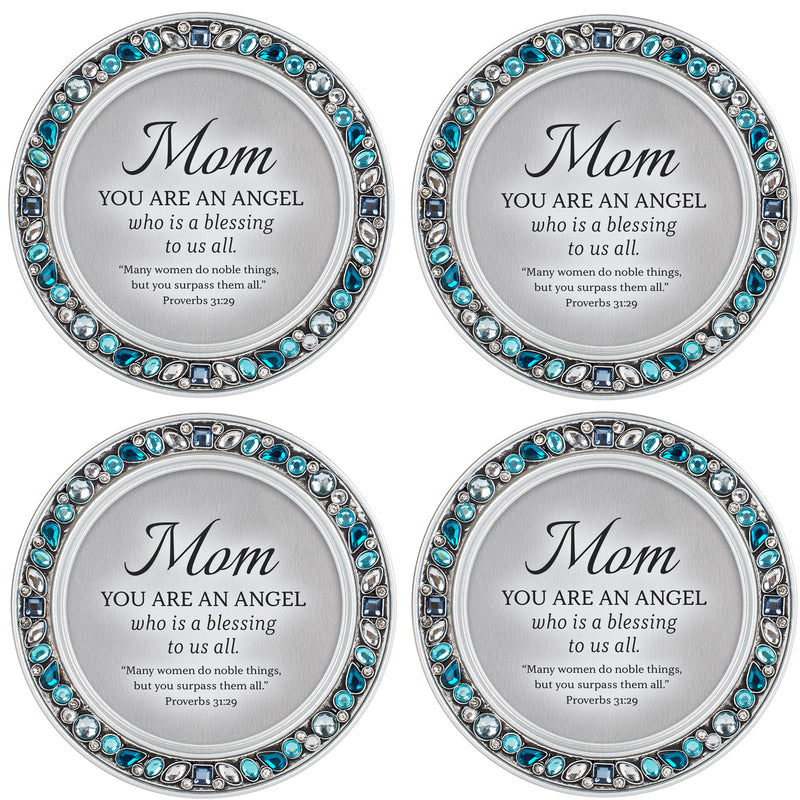 Mom You Are An Angel Aqua Blue 4.5 x 4.5 Resin Polymer Jeweled Coaster Set of 4