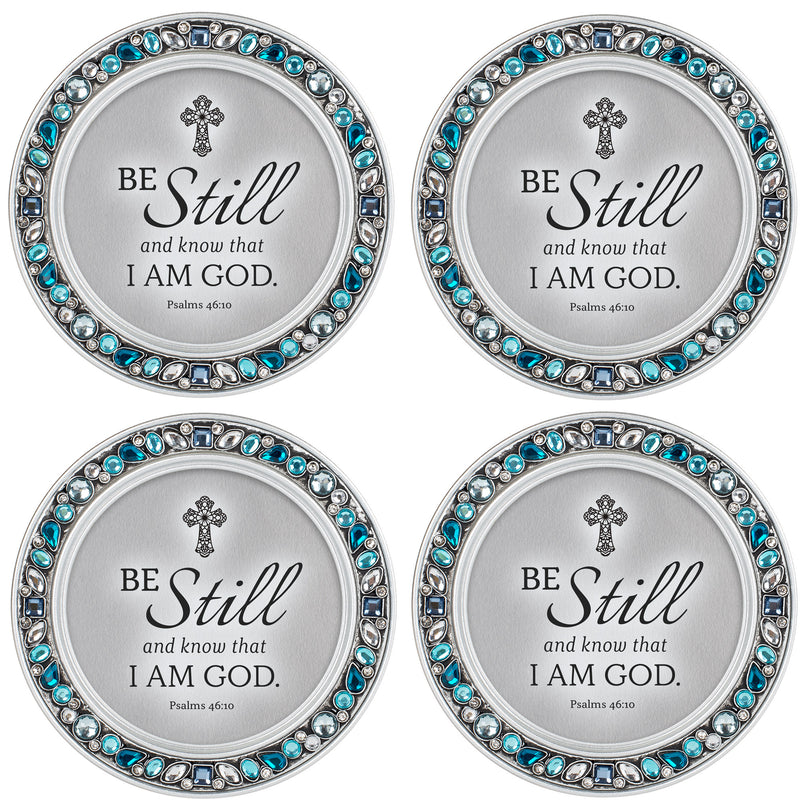 Know I Am God Aqua Blue 4.5 x 4.5 Resin Polymer Jeweled Coaster Set of 4