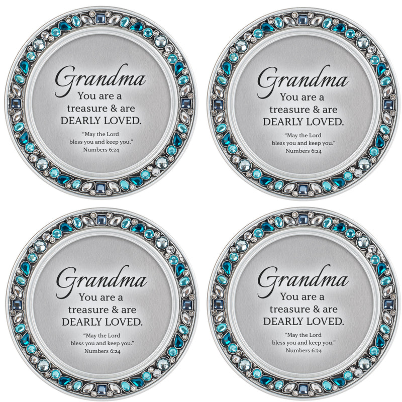Grandma Treasure  Aqua Blue 4.5 x 4.5 Resin Polymer Jeweled Coaster Set of 4