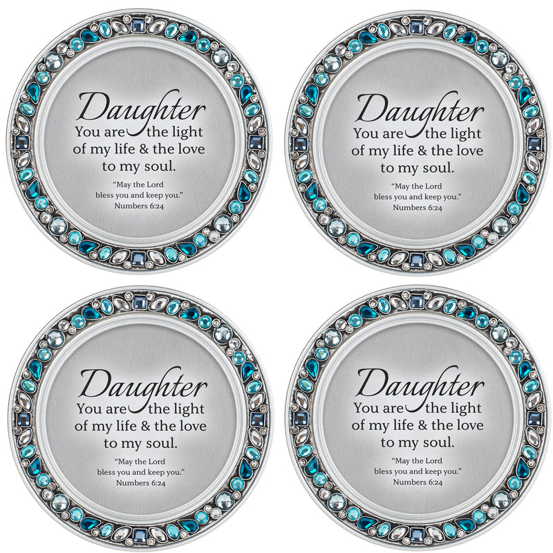 Daughter Light Aqua Blue 4.5 x 4.5 Resin Polymer Jeweled Coaster Set of 4