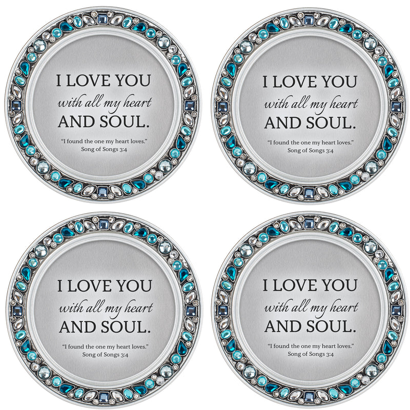 I Love You Aqua Blue 4.5 x 4.5 Resin Polymer Jeweled Coaster Set of 4