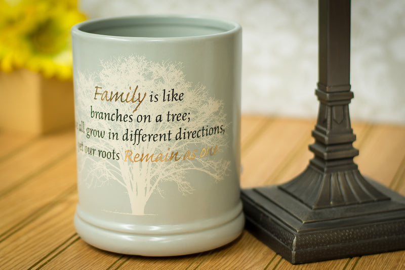 Jar candle warmer with sentiment, "family is like branches on a tree"