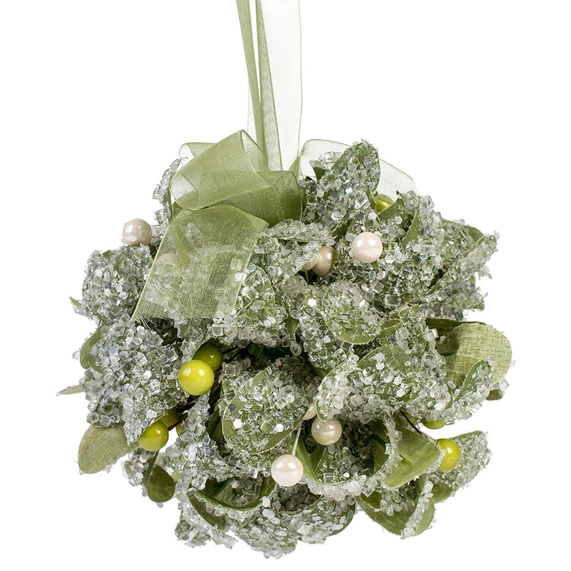 Mistletoe ball hanging ornament with bow and crystals