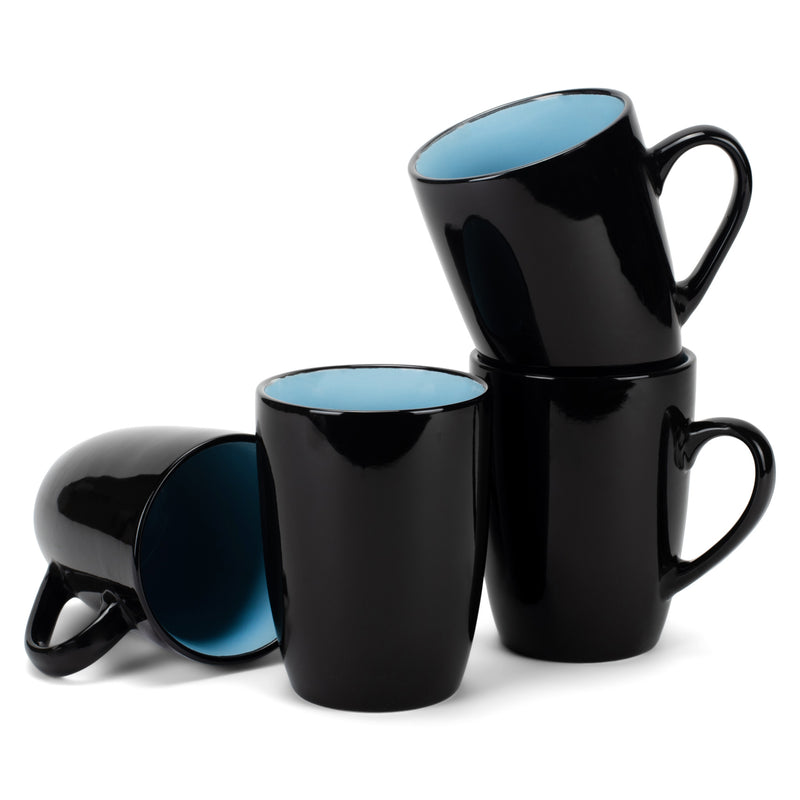 Group of light blue and black mugs