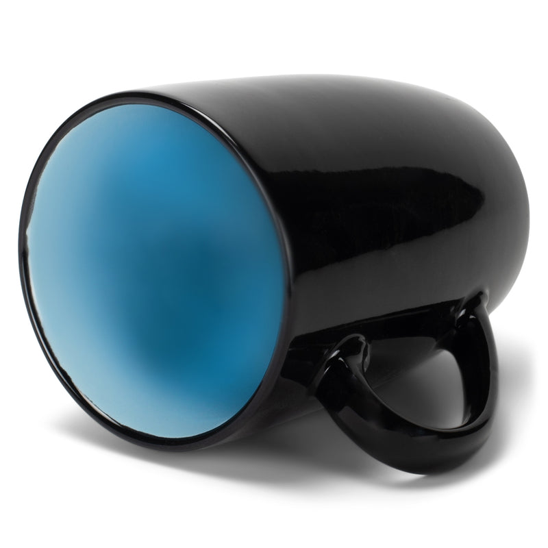Light blue and black mug showing inside of mug