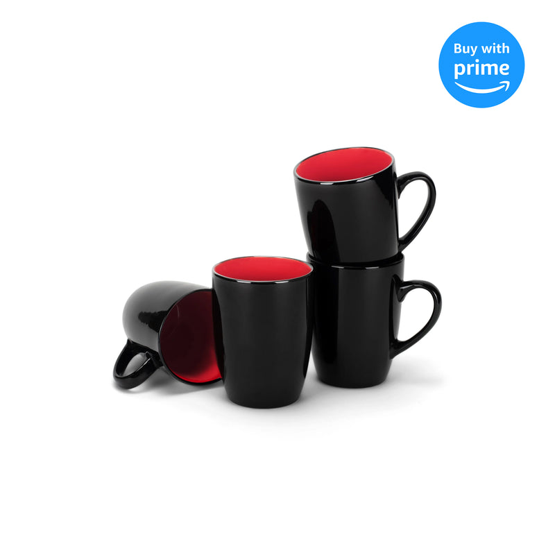 Color Pop Red Black Exterior 16 ounce Glossy Ceramic Mugs Matching Set of 4