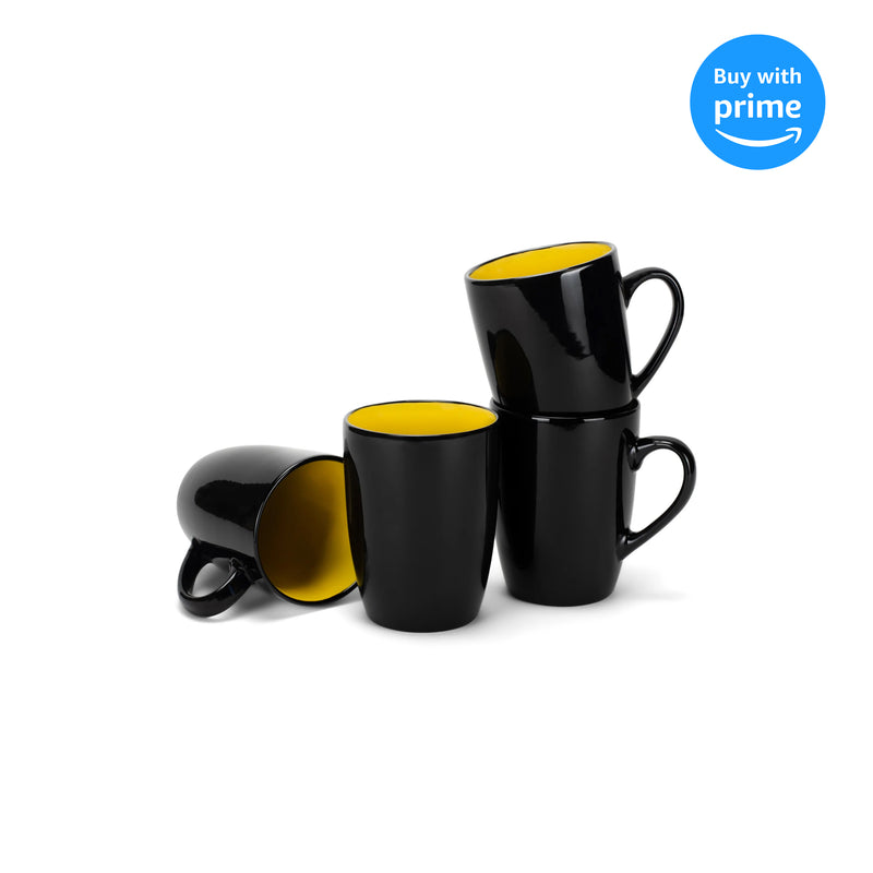 Color Pop Yellow Black Exterior 16 ounce Glossy Ceramic Mugs Matching Set of 4