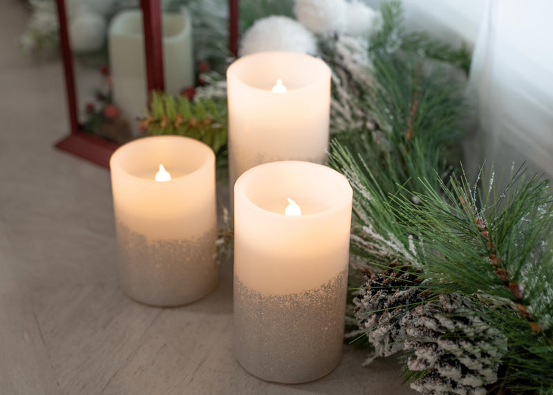 Elanze Designs Silver Tone Glitter 6 inch Wax Flameless Candles Set of 3