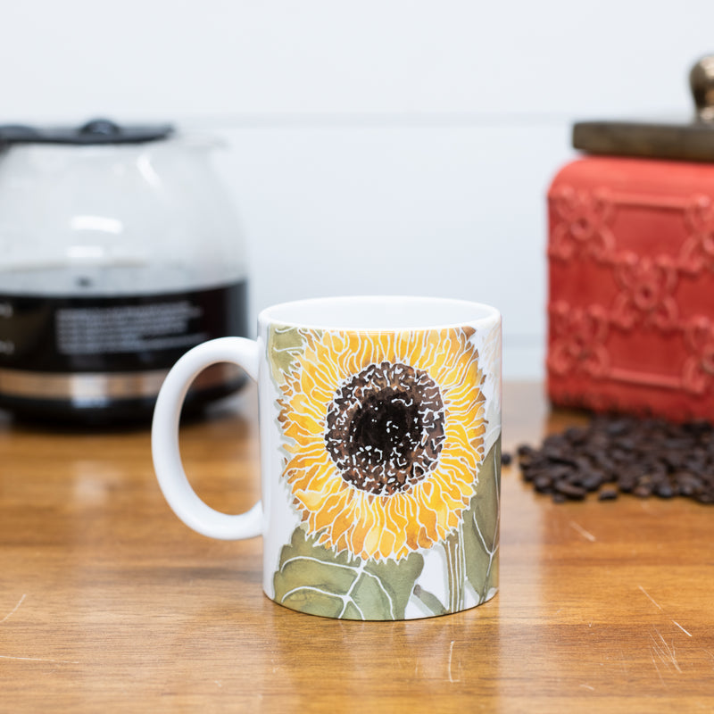Sunflower mug rear view in kitchen environment