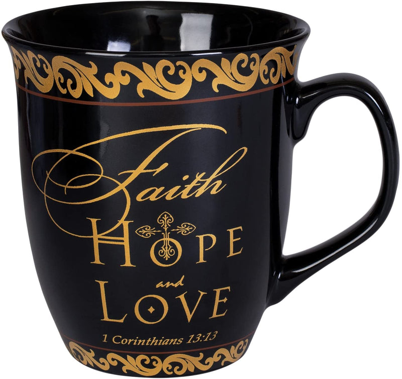 Faith Hope Love Black Gold 16 Ounce Ceramic Stoneware Coffee Mug