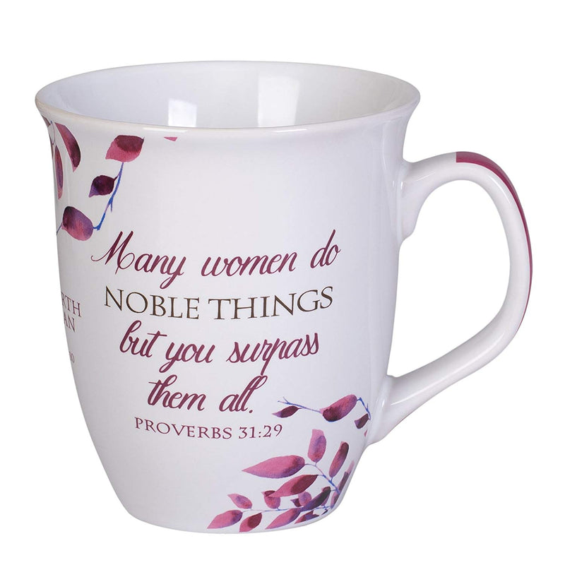 Pink and White bistro style mug, with Proverbs 31 verse