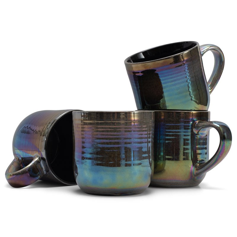 Black Glossy Iridescent Rainbow Reactive Glaze 17 ounce Stoneware Coffee Cup Mugs Set of 4