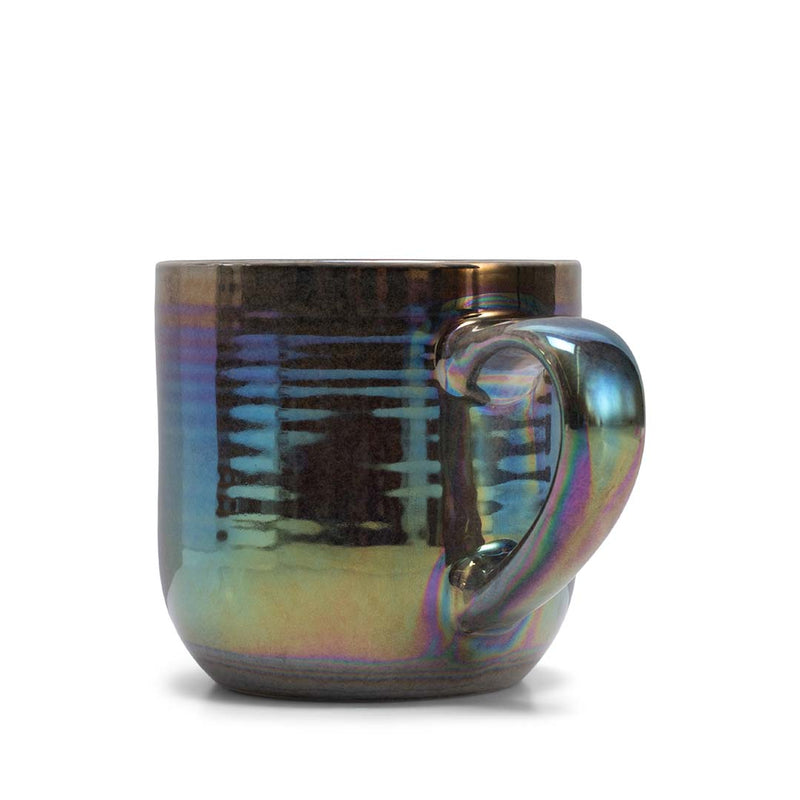 Black Glossy Iridescent Rainbow Reactive Glaze 17 ounce Stoneware Coffee Cup Mugs Set of 4