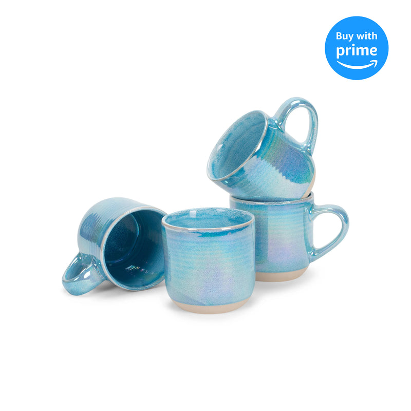 Blue Glossy Iridescent Rainbow Reactive Glaze 17 ounce Stoneware Coffee Cup Mugs Set of 4