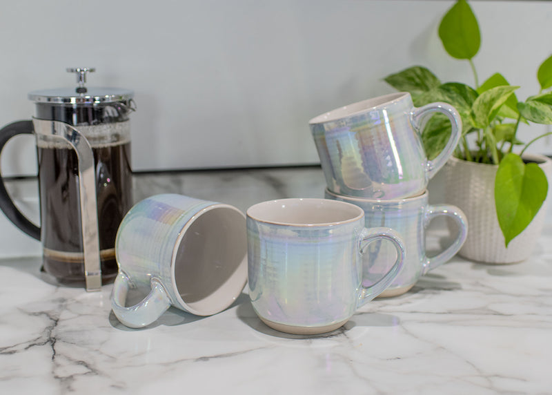 Elanze Designs White Glossy Iridescent Rainbow Reactive Glaze 17 ounce Stoneware Coffee Cup Mugs Set of 4