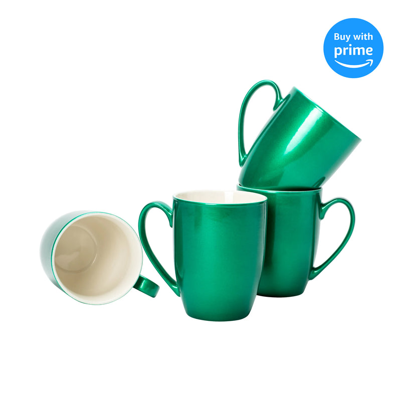 Emerald Green Glossy Finish 10 ounce New Bone China Coffee Cup Mugs Set of 4