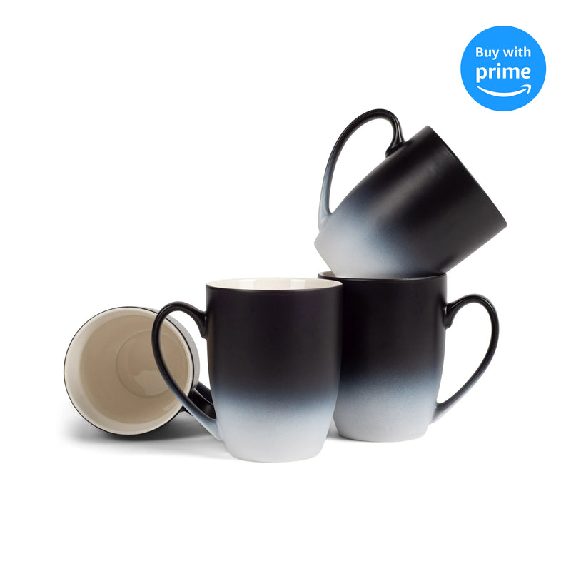 Black White Two Toned Ombre Matte 10 ounce Ceramic Stoneware Coffee Cup Mug Set 4