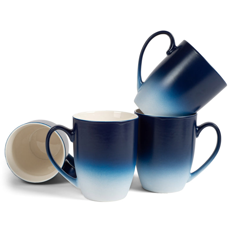 Blue White Two Toned Ombre Matte 10 ounce Ceramic Stoneware Coffee Cup Mug Set 4