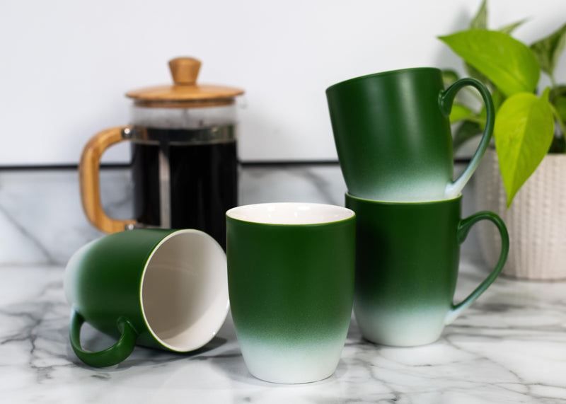 Green White Two Toned Ombre Matte 10 ounce Ceramic Stoneware Coffee Cup Mugs Set of 4
