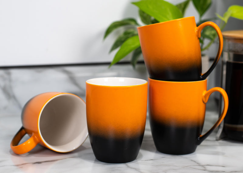 Orange Black Two Toned Ombre Matte 10 ounce Ceramic Stoneware Coffee Cup Mugs Set of 4