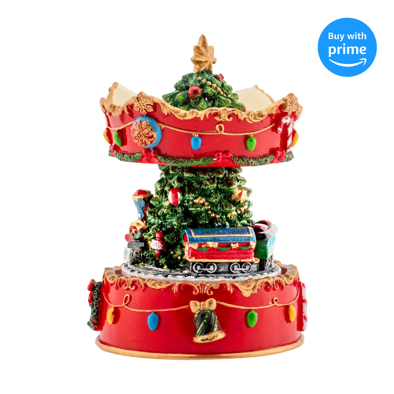 Gilded Gold Holiday Revolving Musical Carousel - Plays Tune We Wish You A Merry Christmas