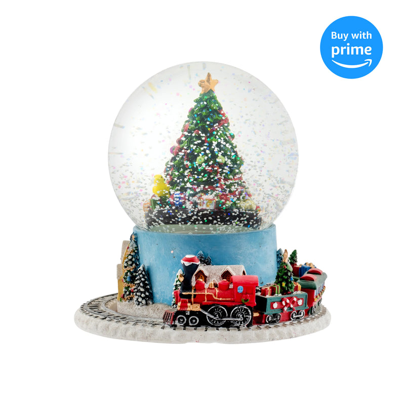 Christmas Tree Village Musical Snow Globe And Moving Train - Plays Tune We Wish You A Merry Christmas