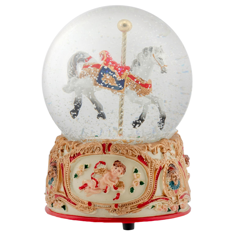 Gilded Gold Tone Cupid and Carousel Horse 100MM Musical Snow Globe Plays Tune Unchained Melody