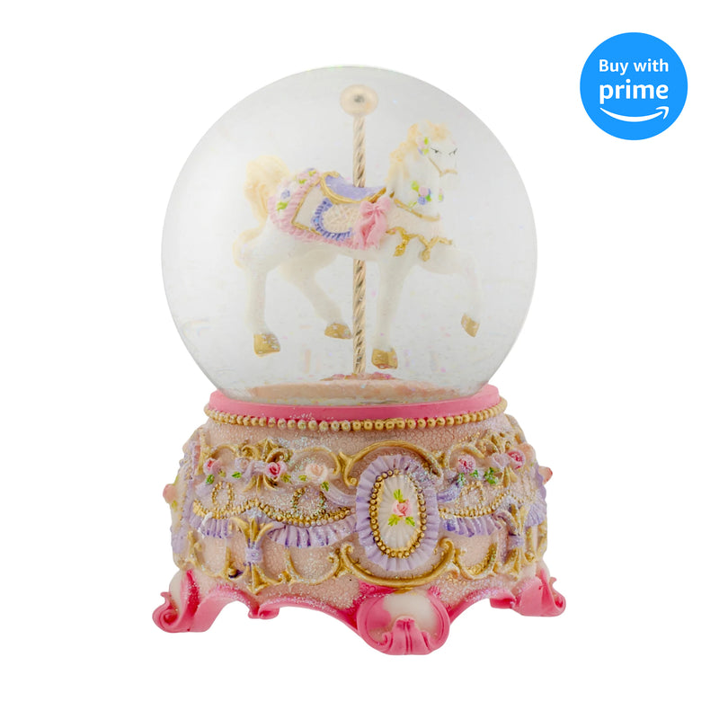 Pink Rose Horse and Carousel 100MM Musical Snow Globe Plays Tune Carousel Waltz
