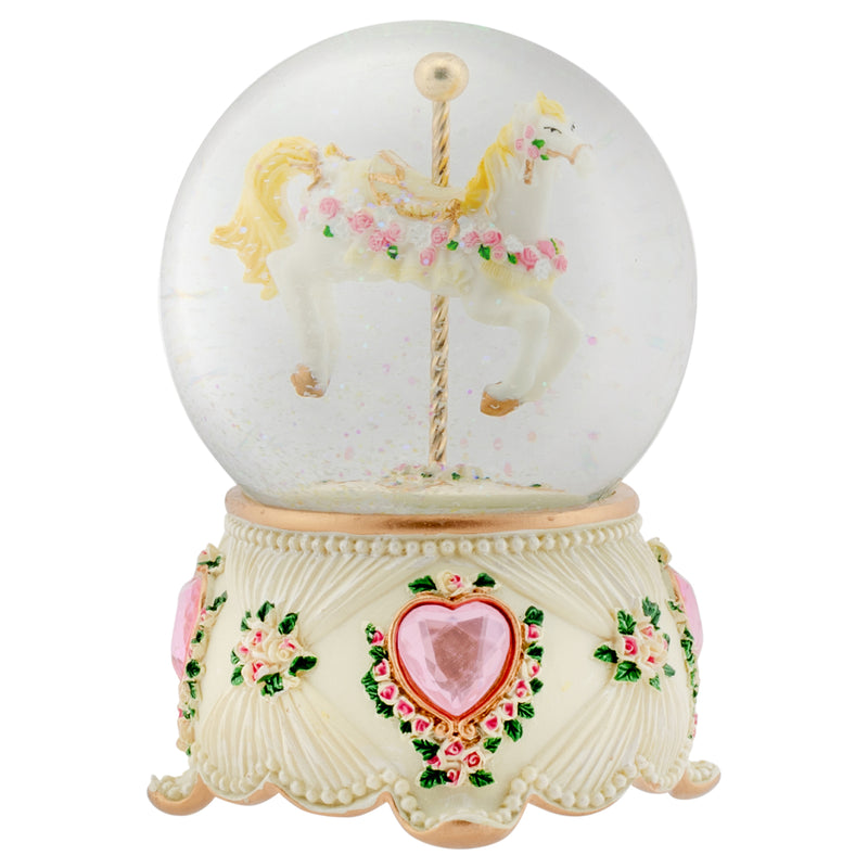 Rose Garland Horse and Carousel 100MM Musical Snow Globe Plays Tune Carousel Waltz