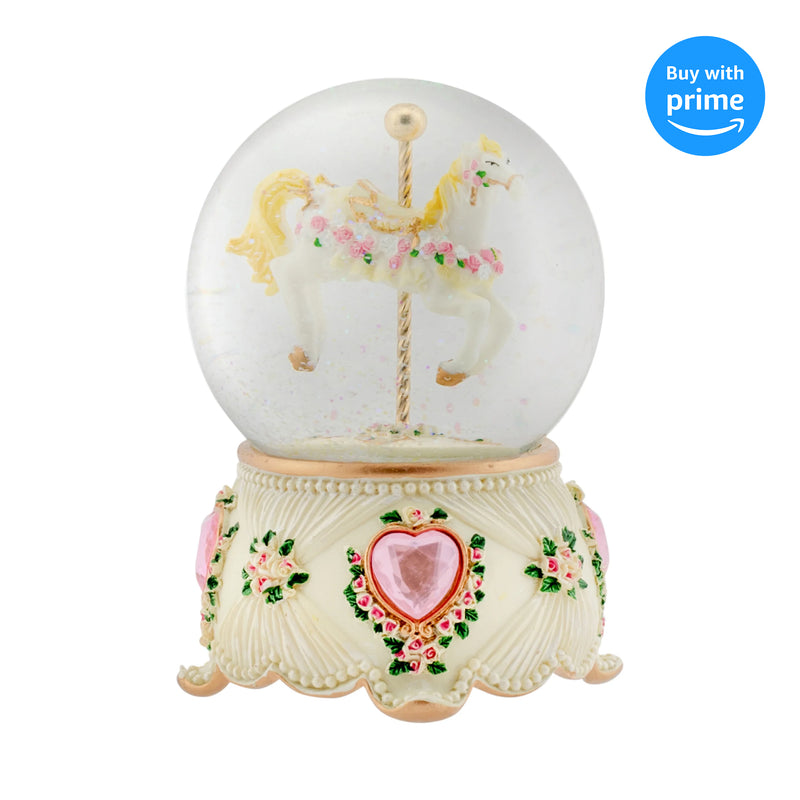 Rose Garland Horse and Carousel 100MM Musical Snow Globe Plays Tune Carousel Waltz