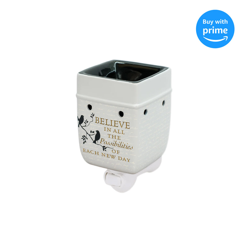 Birds on a Tree Believe Grey Ceramic Stoneware Electric Plug-in Outlet Wax and Oil Warmer